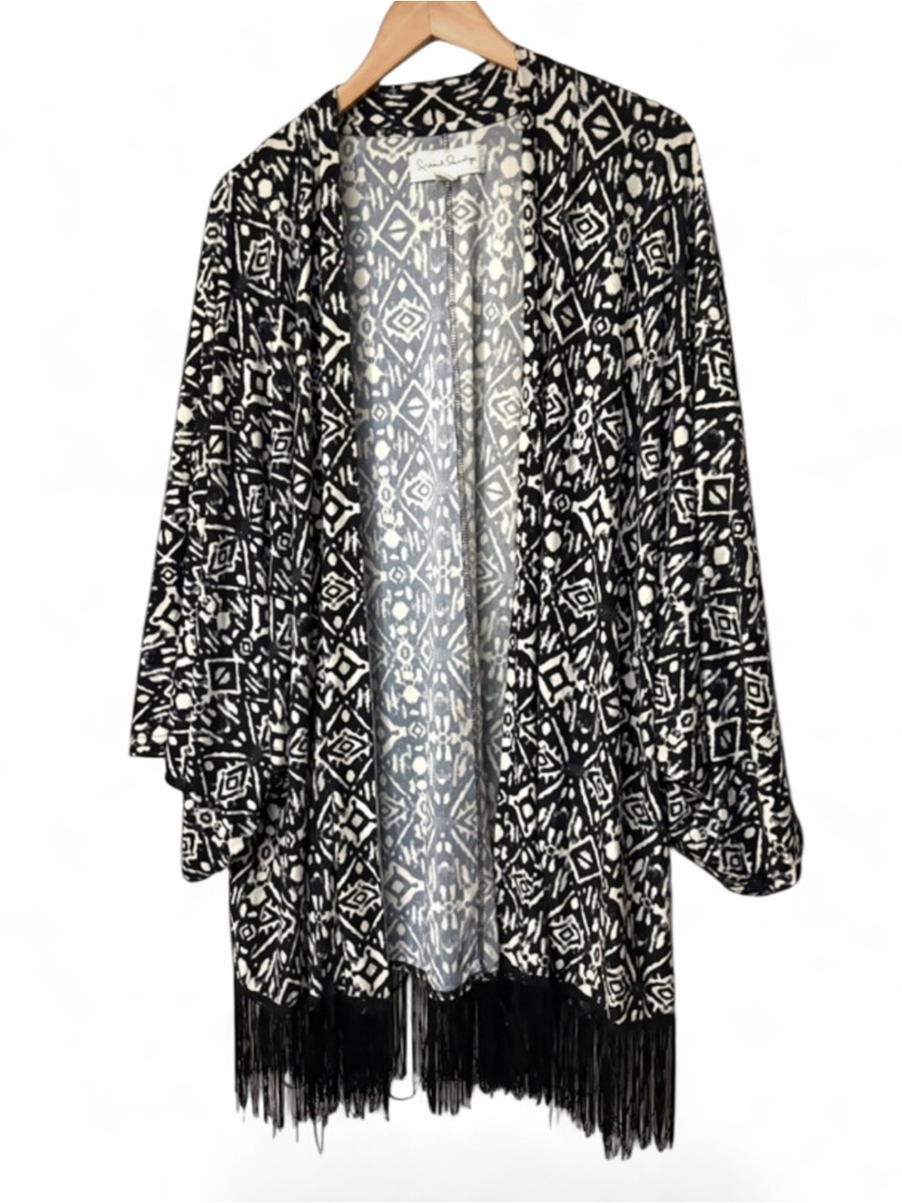 Black & White Geometric Fringe Open-Front
Cardigan Kimono